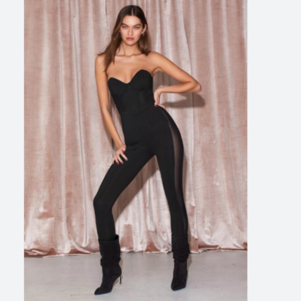 Fleur du Mal Silk Black Sheer Mesh Cut-Out Bustier Catsuit Jumpsuit 2 XS